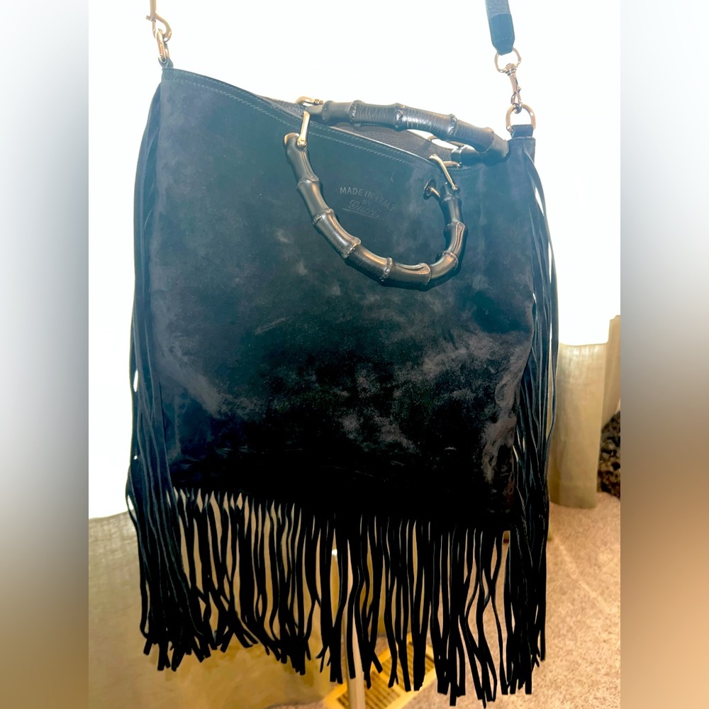 Large Gucci Black Suede Crossbody Bag with Fringe